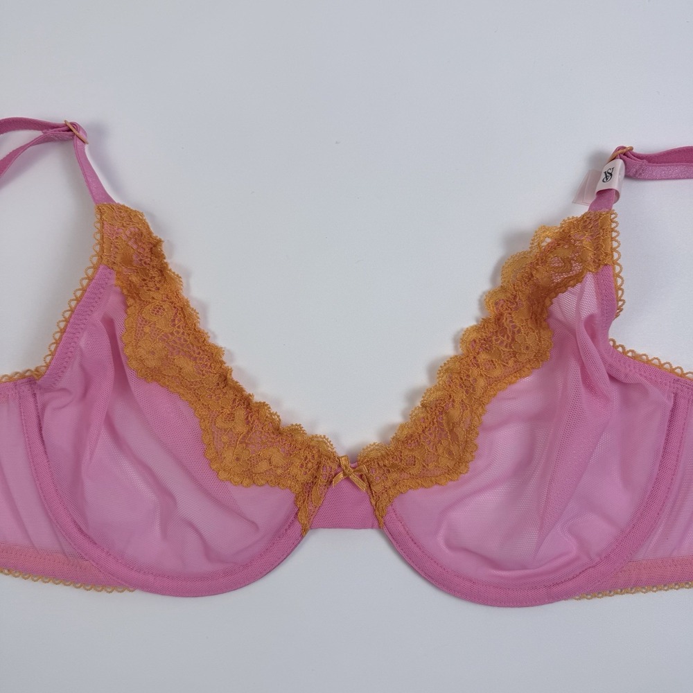 Victoria's Secret Tease Unlined Demi Bra Pink Mesh Sheer Orange Lace 36B NWT